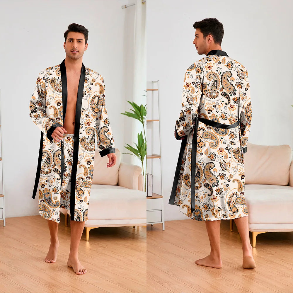 Men’s Leopard Satin Bathrobe Set