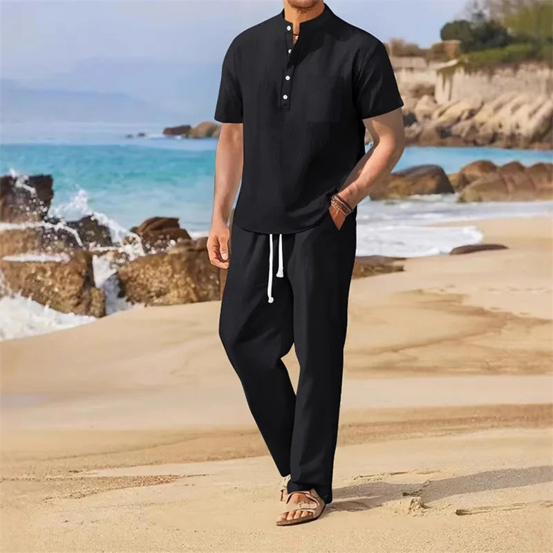 Men Henley Shirt Pants Set