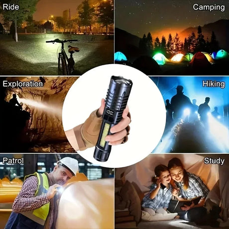 Heinast High Power LED Flashlight used in various activities like camping, hiking, and exploration with adjustable beam.