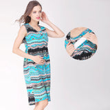 Sleeveless round neck cotton nursing dress in blue and black stripes, perfect for summer and maternity wear.