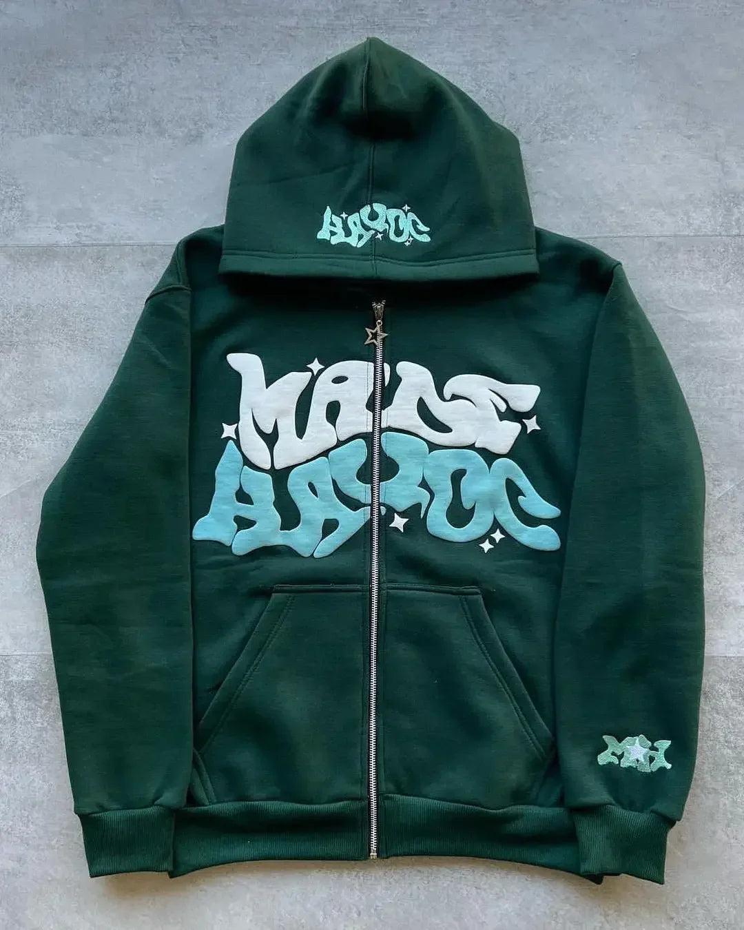 Unisex Retro Letter Zip Hoodie