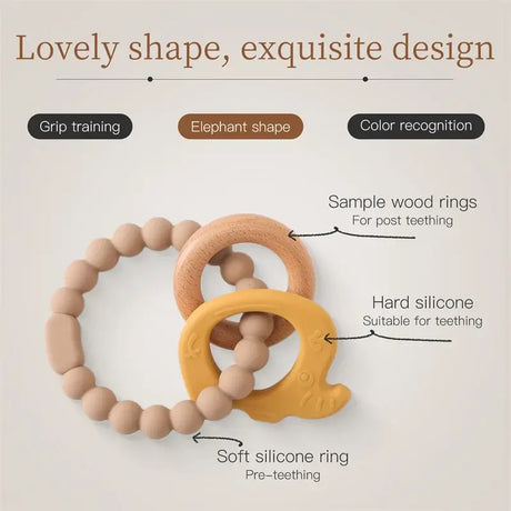 Colorful baby teether toys featuring an elephant shape and soft silicone material for grip and teething.
