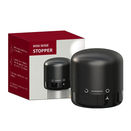 Mini black wine bottle cap stopper with silicone seal and packaging for preserving opened wine.