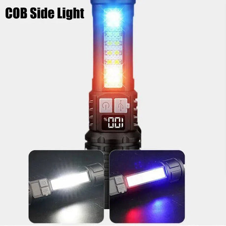 Heinast High Power LED Flashlight with COB side light and adjustable brightness settings.