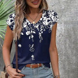 Vintage floral 3D print women's V-neck t-shirt in navy blue with decorative flower patterns.