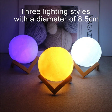LED Moon Galaxy Book Light featuring three color styles, 8.5cm diameter, perfect for decor and gifting.