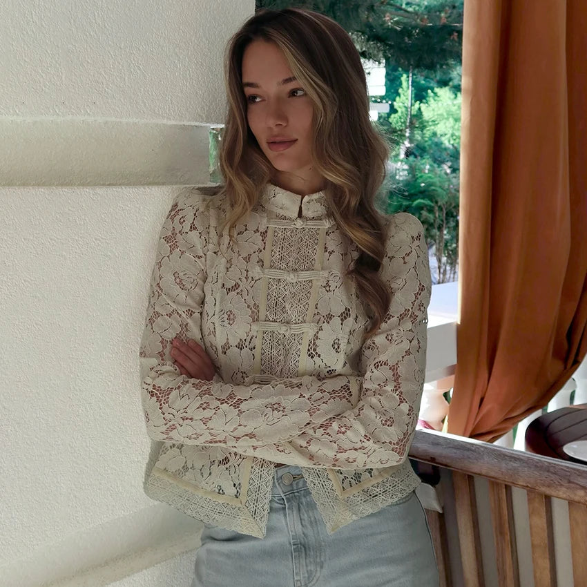 Lace Bloom Embroidered Puff Sleeve Blouse