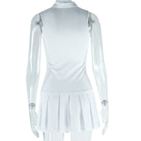 Women’s White Lapel Pleated Dress