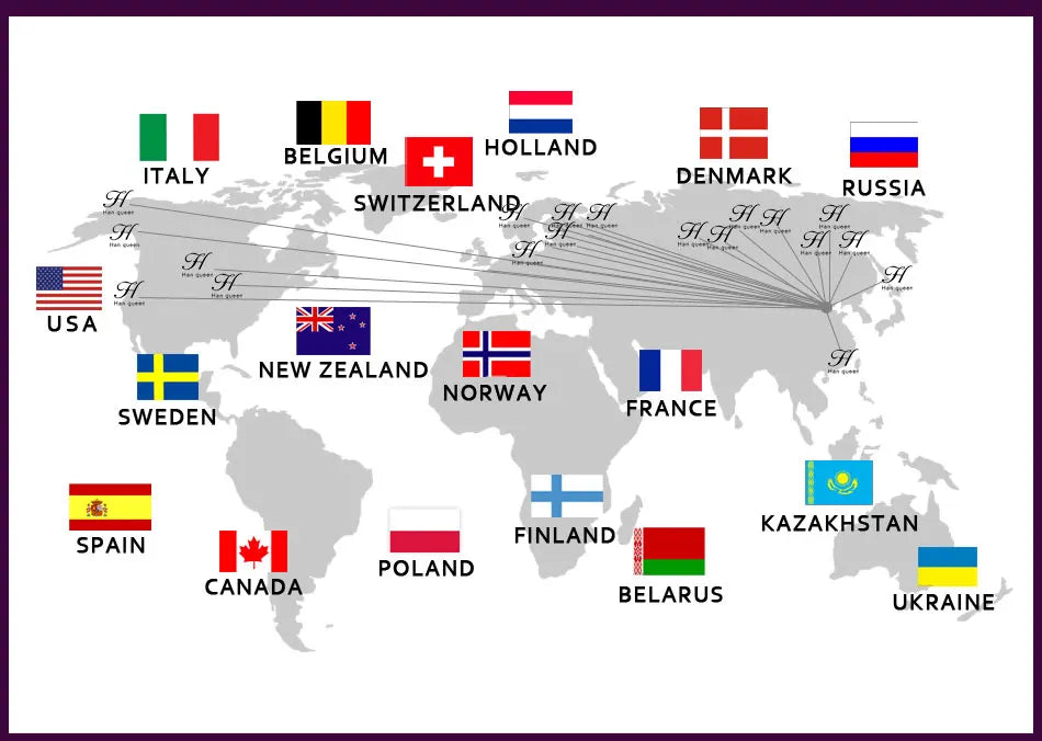Map of countries with flags highlighting locations including USA, Italy, Belgium, and more.