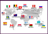 Map of countries with flags highlighting locations including USA, Italy, Belgium, and more.