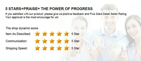 Positive feedback request with 5-star ratings for products and seller performance evaluation.