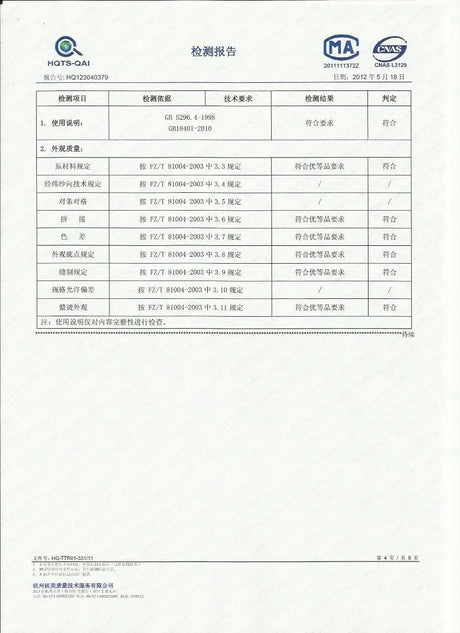 Quality inspection report document with various testing specifications and results.
