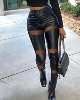 Women Mesh PU Leather Skinny Pants