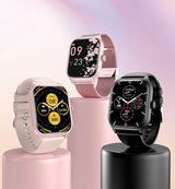 LEMFO LT10 Smart Watch 2024 trio display in pink, silver, and black, showcasing fitness tracking features.