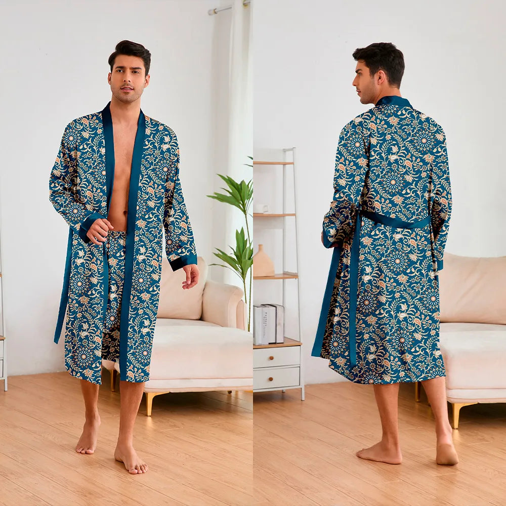 Men’s Leopard Satin Bathrobe Set