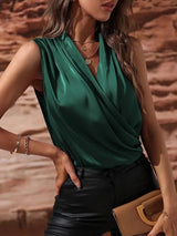Women Sleeveless Satin Pleated Blouse