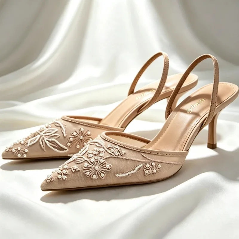 Women’s Brown Embroidered Mesh High Heel Sandals