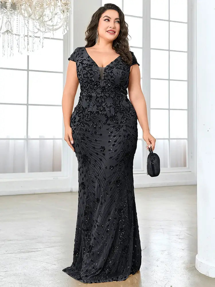 Women Plus Size Mermaid Sequin Formal Prom Dress
