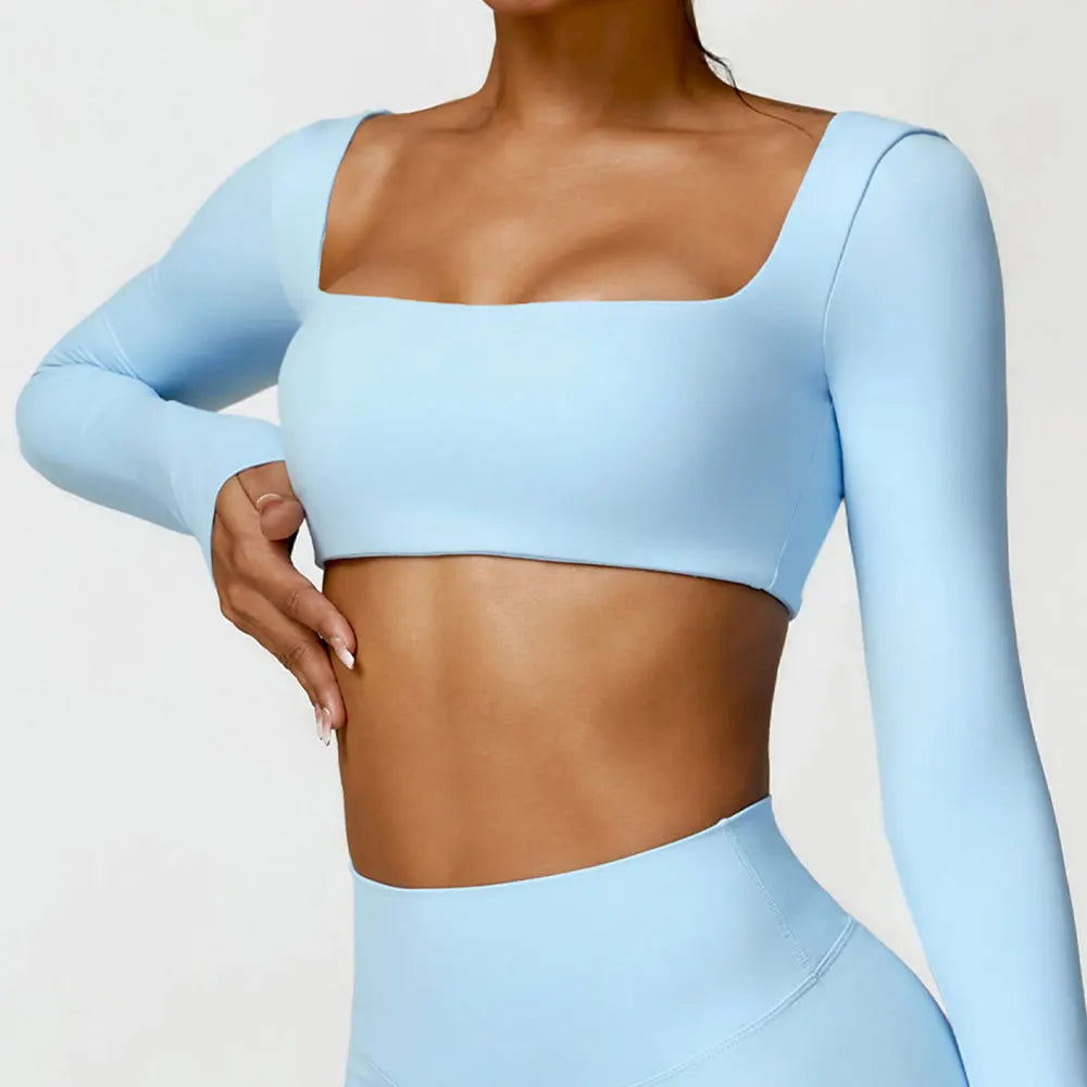 Women's Seamless Long Sleeve Yoga Crop Top – Quick-Dry Square Neck Gym Shirt