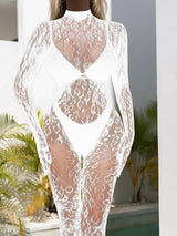 Women Lace Fishnet Long Sleeve Jumpsuit