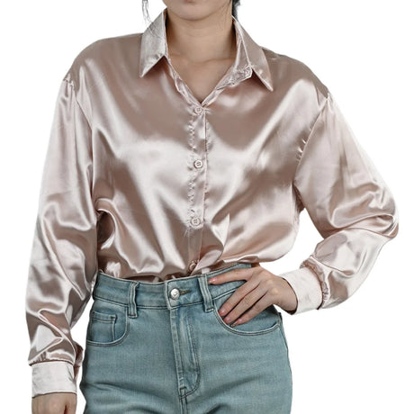 SilkAura™ imitation silk blouse in soft pink, featuring a turn-down collar and loose fit, ideal for spring and summer business casual.