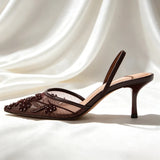 Women’s Brown Embroidered Mesh High Heel Sandals