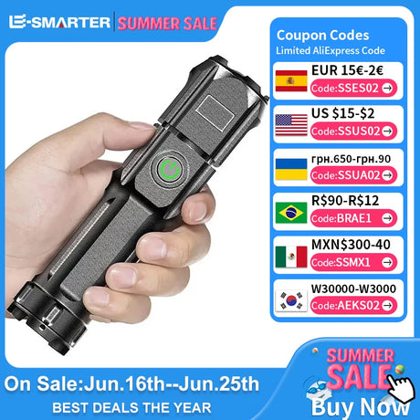 Rechargeable LED tactical flashlight with adjustable focus in hand during summer sale, showcasing discount codes.