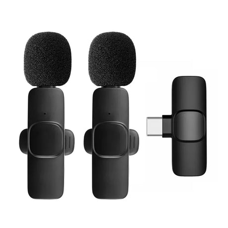 Wireless Lavalier Microphone set with two microphones and USB connector, ideal for streaming and social media.