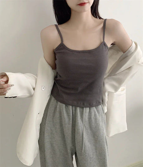 CottoForm™ padded cotton camisole in grey, featuring a slim fit and summer sleeveless design, worn with gray pants.