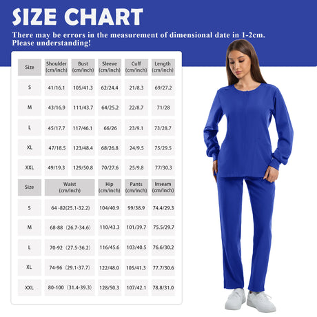Size chart for blue dustproof nursing scrubs set, including measurements for various sizes for accurate fit.