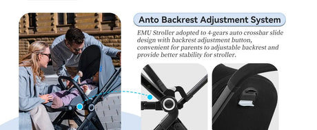 EMU Reversible Baby Stroller featuring an easy backrest adjustment system for enhanced comfort and support.