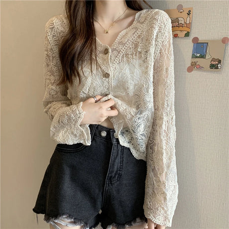 SheerCharm™ see-through lace sun shirt with buttons, long sleeves, stylish summer blouse for women.