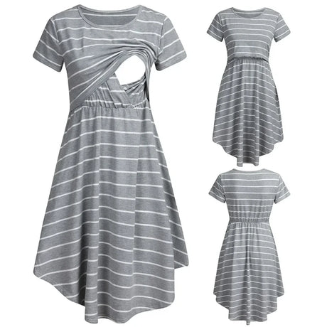 Striped multifunctional nursing dress in gray, featuring an A-line silhouette and easy breastfeeding access, perfect for maternity.