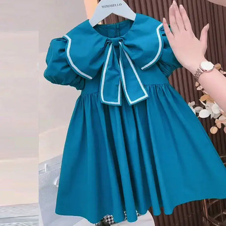 Cute summer baby girls dress in blue with puff sleeves and Peter Pan collar, ideal for ages 4-6Y.
