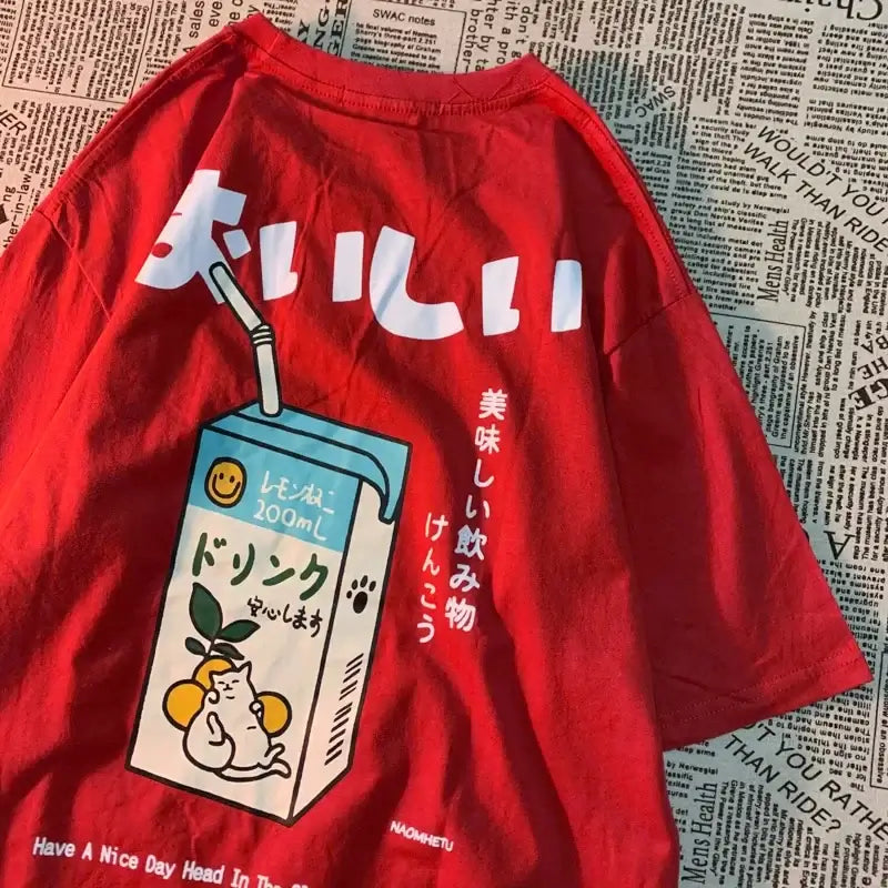 Women Plus Size Red Cat Print Short Sleeve T-Shirt