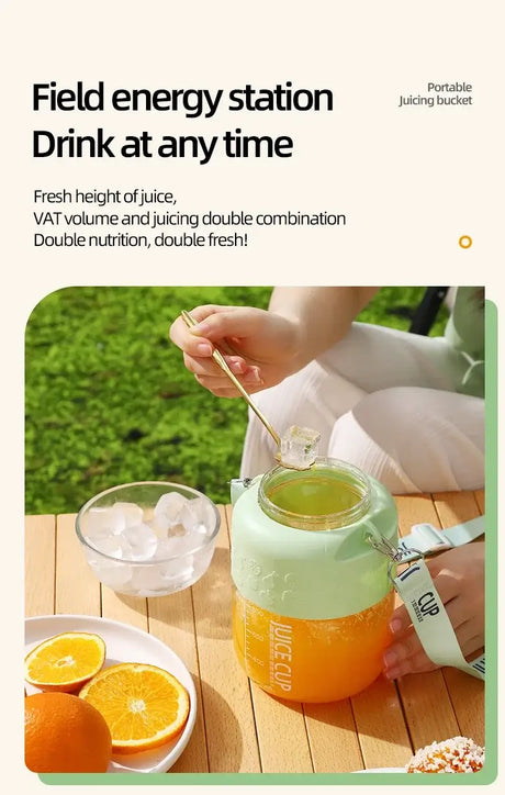 Wireless portable juicing bucket displayed outdoors, showing fresh juice and vibrant oranges.