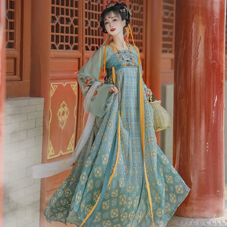 Tang Suits Hanfu for women in blue floral design, perfect for Halloween cosplay. Made from polyester, elegant and traditional.