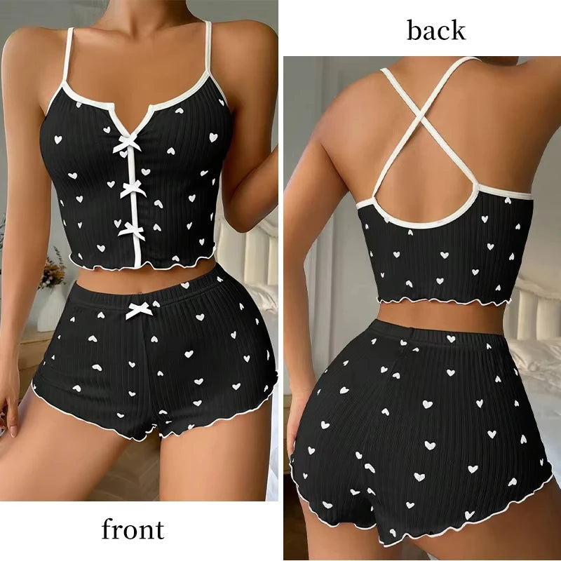 Women Heart Print Silk Pajamas