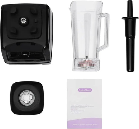 Countertop Smoothie Blender components including jar, lid, user manual, and black base with buttons.