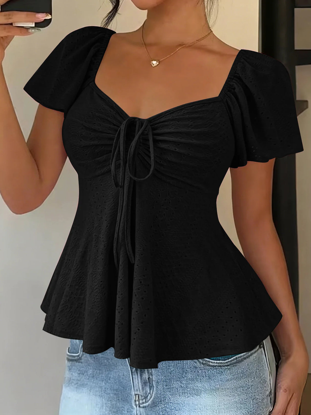 Luna Lace-Up V-Neck Blouse