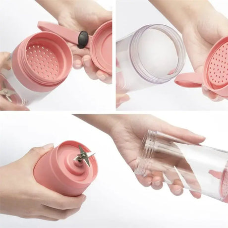 Hands demonstrating the parts of a 380ml Mini Electric Juicer, showcasing its lid, cup body, and blade design.