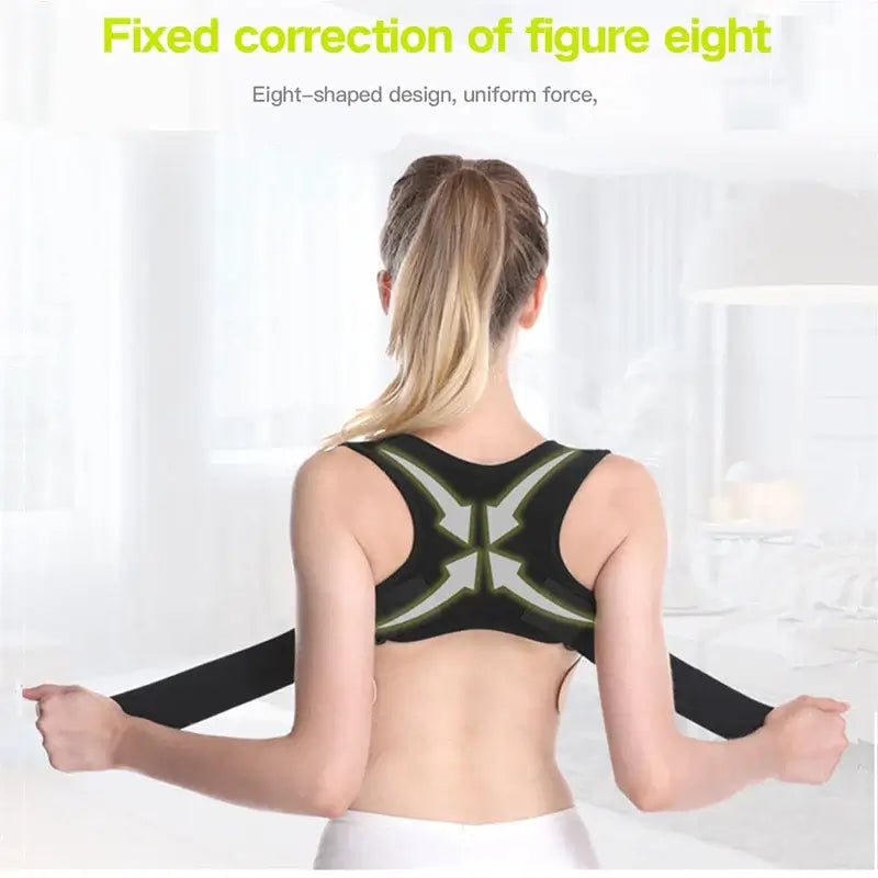 Adjustable posture corrector back brace designed with an eight-shaped structure for effective support and bone care.