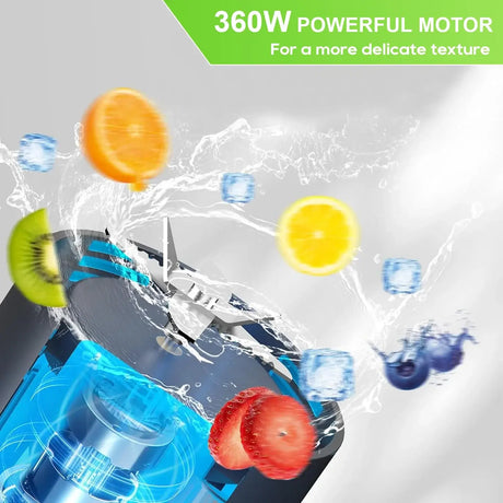 Electric Portable Juicer with 360W motor showcasing fruit and ice blending action for optimal texture.