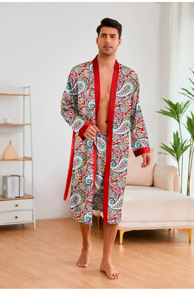 Men’s Leopard Satin Bathrobe Set
