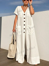 ModiWork™ – V-Neck Button Casual Office Jumpsuit (Smart, Relaxed & Stylish)
