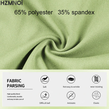 Close-up of green fabric blend showing 65% polyester and 35% spandex with quality attributes like soft and elastic.