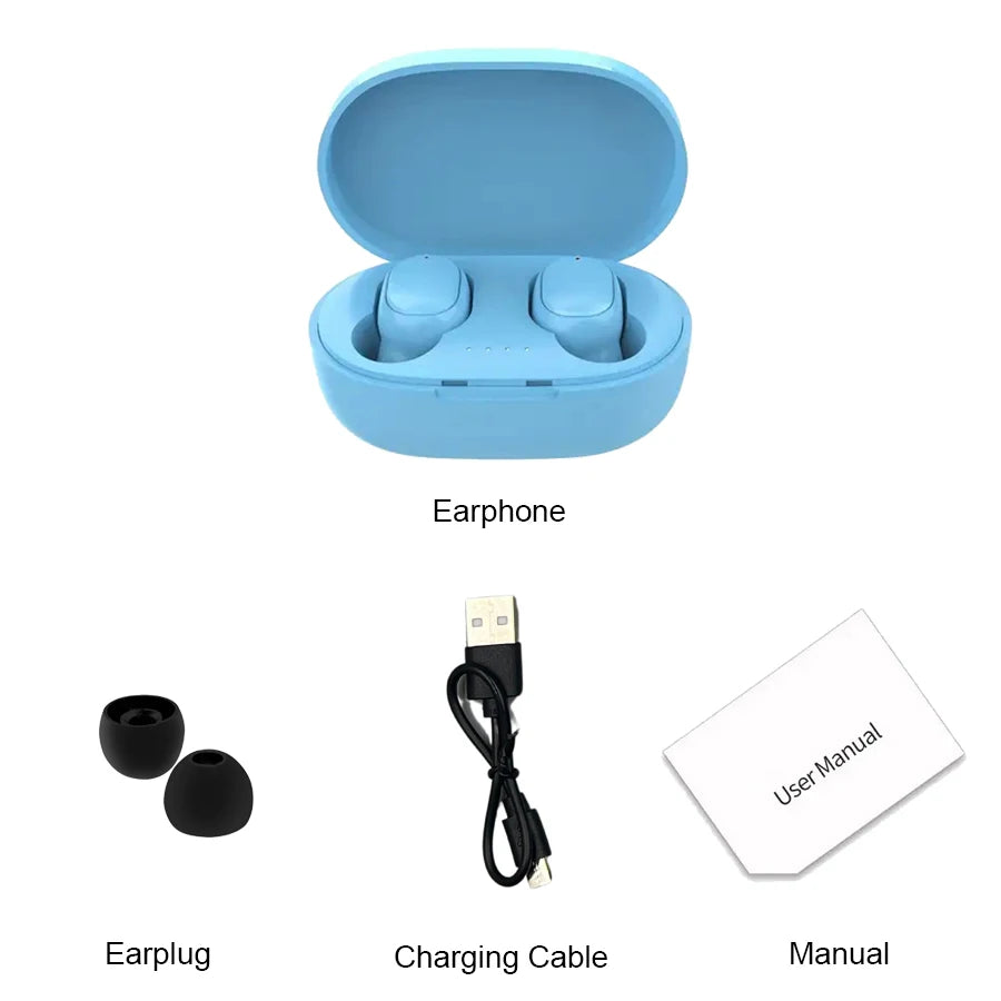 TWS A6S Wireless Bluetooth headset with earphones, earplugs, charging cable, and user manual in blue case.