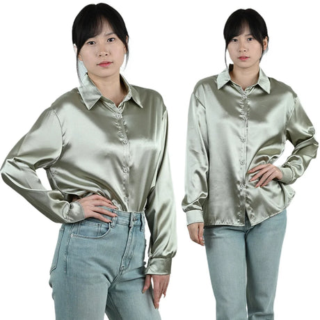 SilkAura™ Imitation Silk Blouse in smooth fabric, featuring a turn-down collar and elegant loose fit, ideal for business casual.