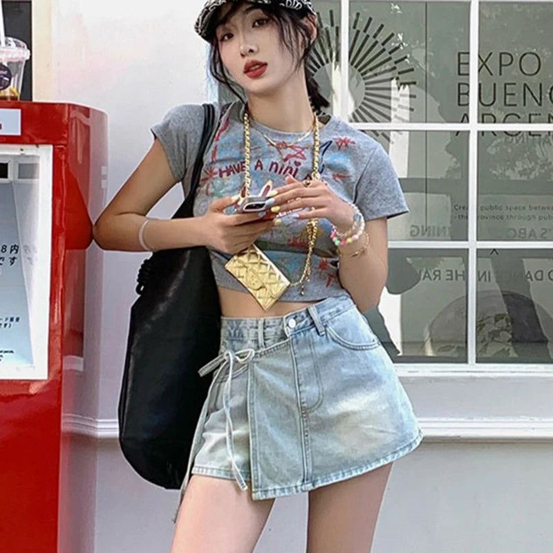 LaceUpMini™ – Irregular Korean Skirt (2025 Lace-Up Denim A-line Style)