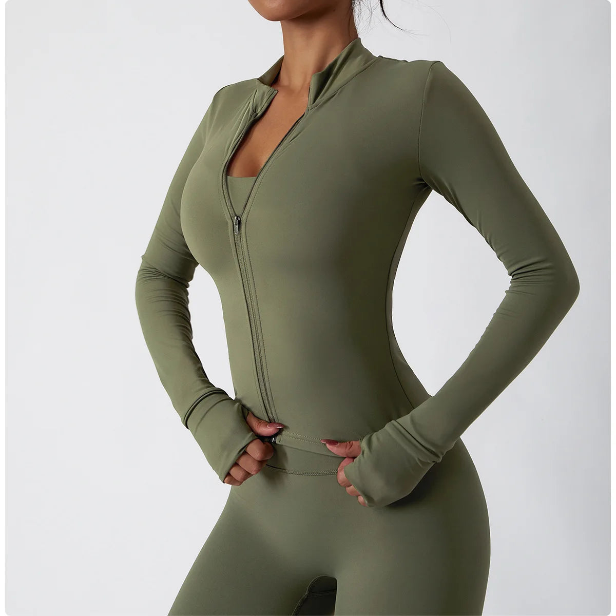 Women's Zip Long Sleeve Yoga Jacket – Slim Fit Gym Training Top